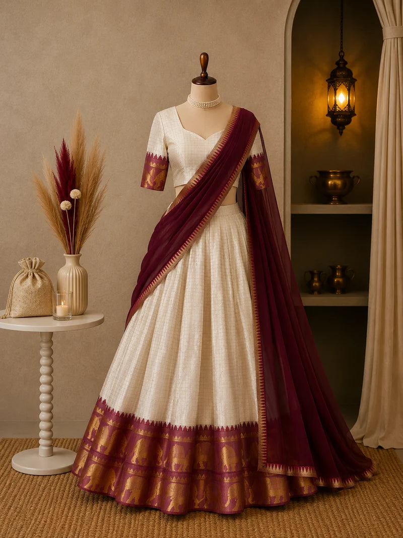 ONAM SPECIAL WHITE & MAROON POLY COTTON HALF SAREE