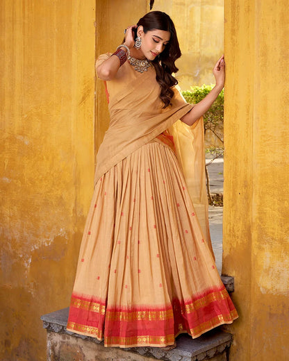 ELEGANT CREAM PURE CHANDERI HALF SAREE WITH ZARI WEAVING WORK
