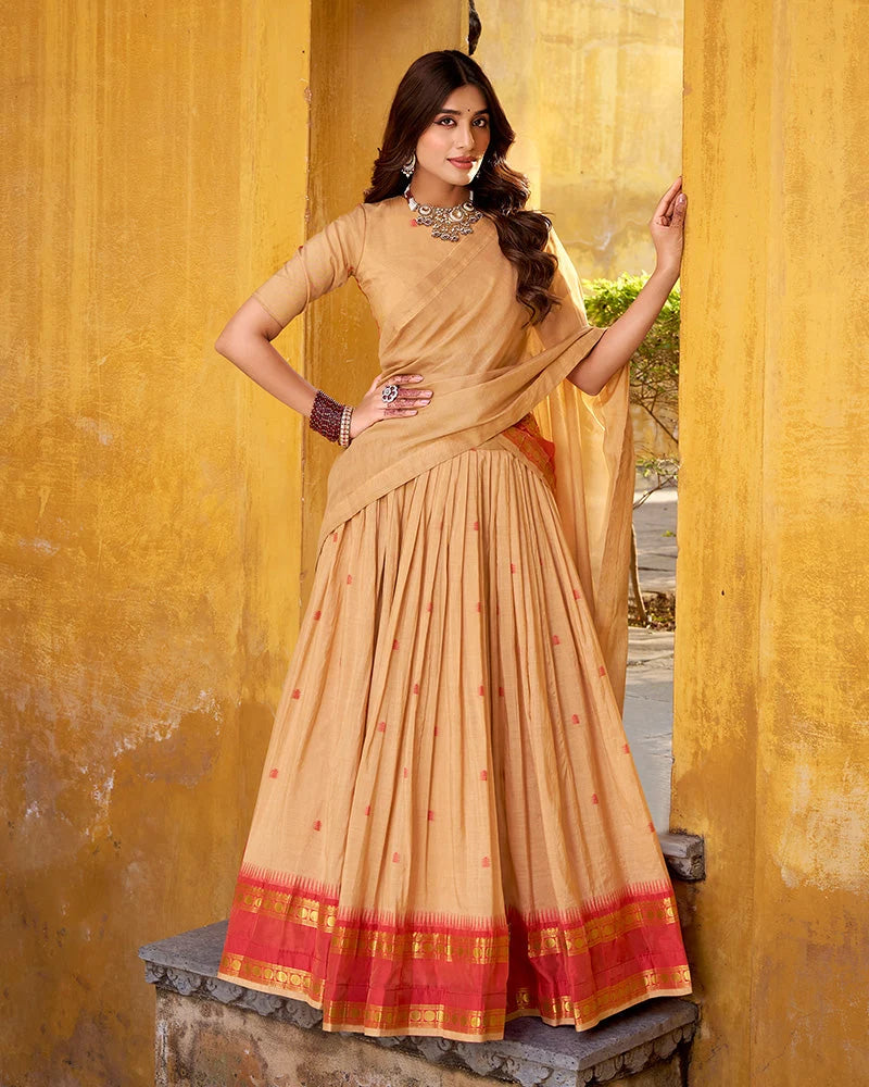 ELEGANT CREAM PURE CHANDERI HALF SAREE WITH ZARI WEAVING WORK