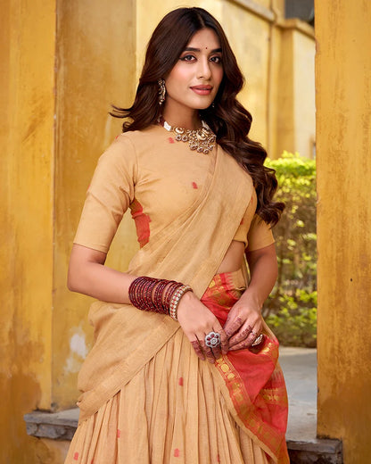 ELEGANT CREAM PURE CHANDERI HALF SAREE WITH ZARI WEAVING WORK