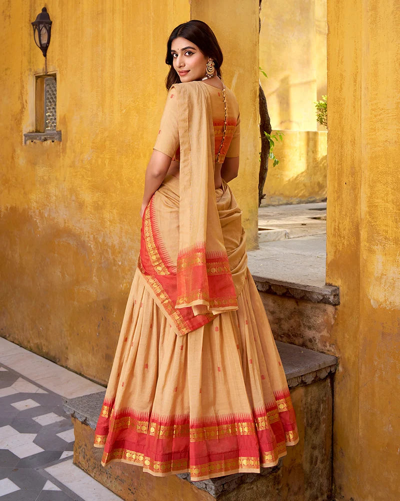 ELEGANT CREAM PURE CHANDERI HALF SAREE WITH ZARI WEAVING WORK