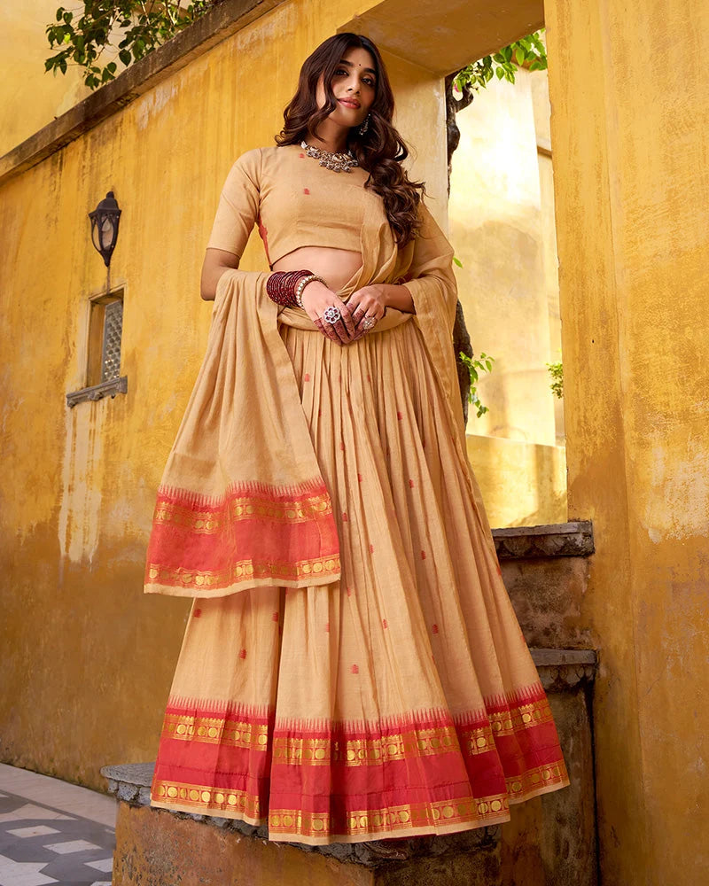 ELEGANT CREAM PURE CHANDERI HALF SAREE WITH ZARI WEAVING WORK