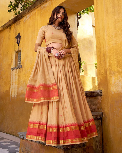 ELEGANT CREAM PURE CHANDERI HALF SAREE WITH ZARI WEAVING WORK