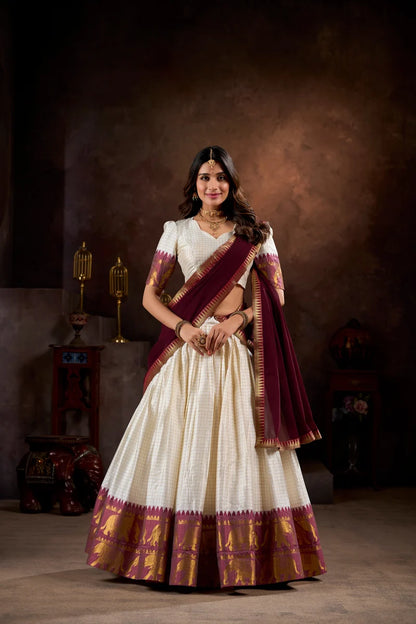 DESIGNER WHITE & MAROON POLY COTTON CHEX HALF SAREE
