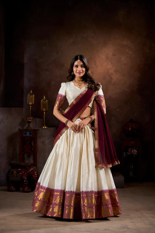 DESIGNER WHITE & MAROON POLY COTTON CHEX HALF SAREE