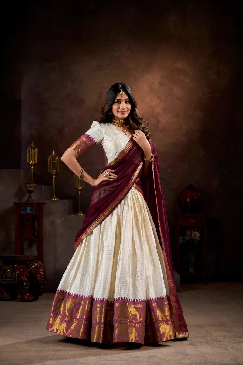 DESIGNER WHITE & MAROON POLY COTTON CHEX HALF SAREE