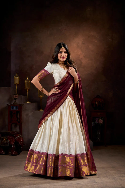 DESIGNER WHITE & MAROON POLY COTTON CHEX HALF SAREE