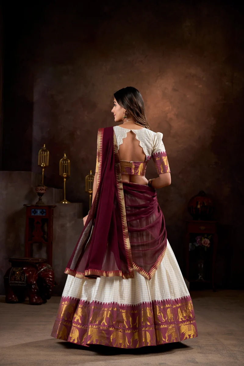 DESIGNER WHITE & MAROON POLY COTTON CHEX HALF SAREE