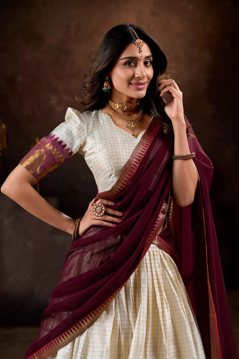 DESIGNER WHITE & MAROON POLY COTTON CHEX HALF SAREE