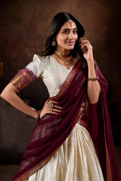 DESIGNER WHITE & MAROON POLY COTTON CHEX HALF SAREE