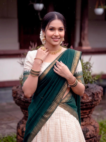 CLASSIC SOUTH INDIAN STYLE WHITE & GREEN HALF SAREE