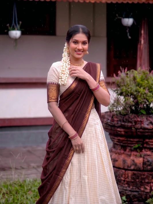 CLASSIC SOUTH INDIAN STYLE WHITE & MAROON HALF SAREE