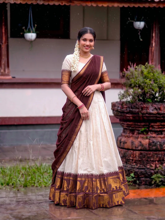 CLASSIC SOUTH INDIAN STYLE WHITE & MAROON HALF SAREE