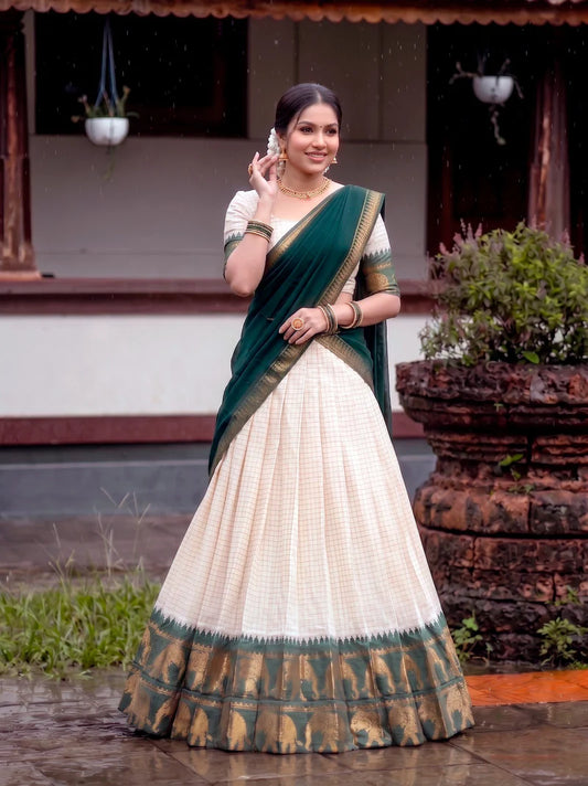 CLASSIC SOUTH INDIAN STYLE WHITE & GREEN HALF SAREE