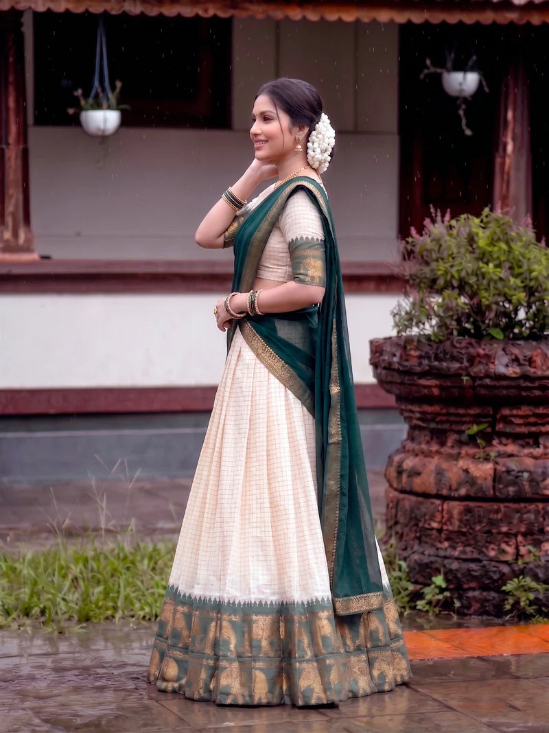 CLASSIC SOUTH INDIAN STYLE WHITE & GREEN HALF SAREE