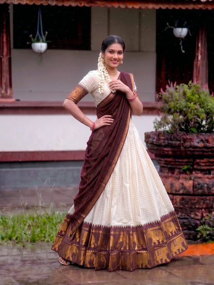 CLASSIC SOUTH INDIAN STYLE WHITE & MAROON HALF SAREE