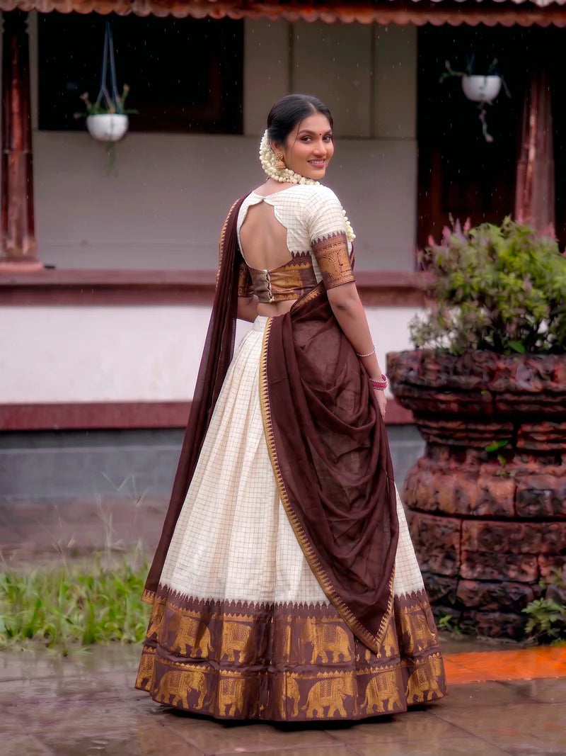 CLASSIC SOUTH INDIAN STYLE WHITE & MAROON HALF SAREE