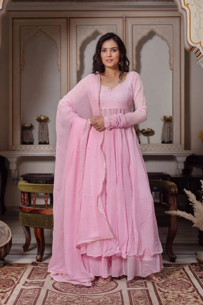 DESIGNER BABY PINK GEORGETTE ANARKALI GOWN SET WITH DUPATTA