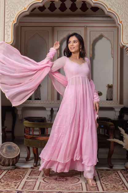DESIGNER BABY PINK GEORGETTE ANARKALI GOWN SET WITH DUPATTA