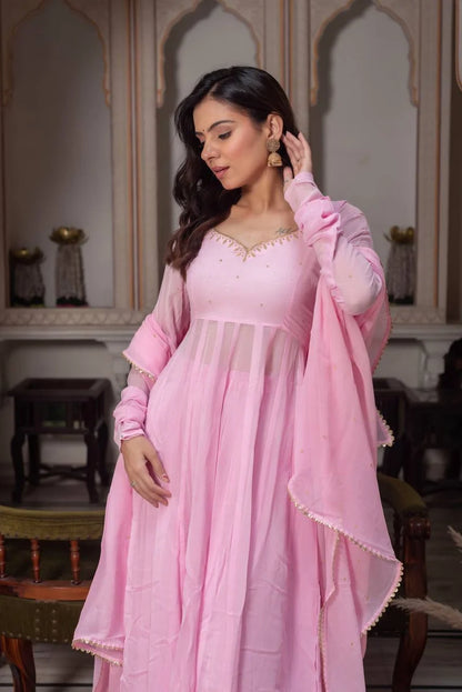 DESIGNER BABY PINK GEORGETTE ANARKALI GOWN SET WITH DUPATTA