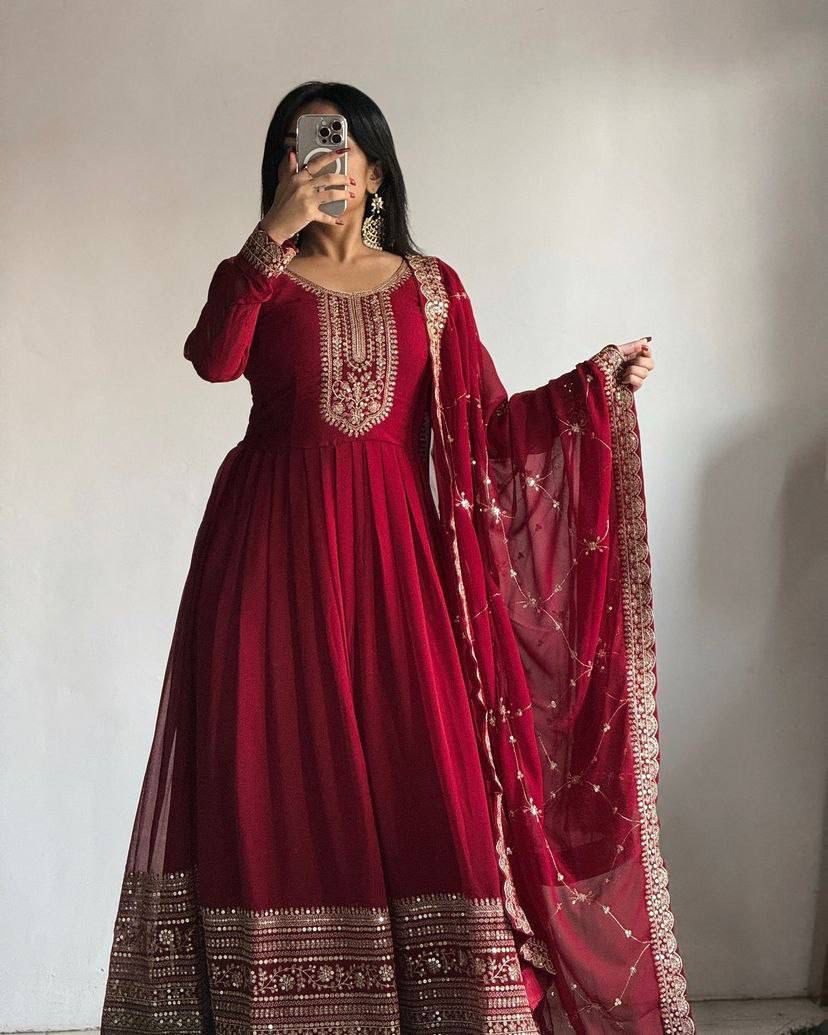 Embroidered Sequin Gown Set